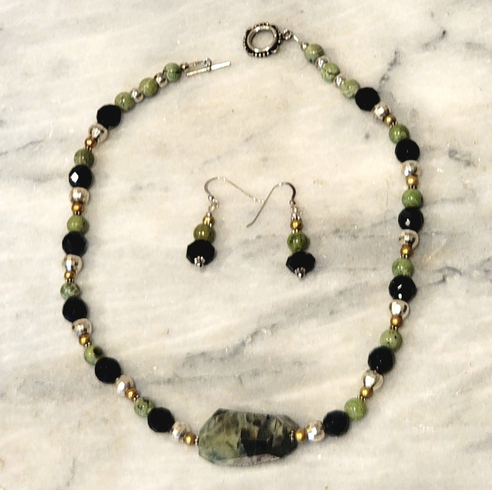Jade Pearl Sterling Sterling Necklace Earring Set Rutimated Quartz 925 18.5" - Picture 9 of 9